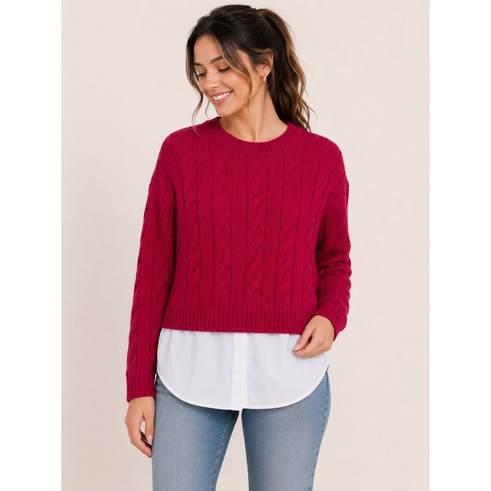Lauren Ralph Lauren Women's Cable Knit Layered Sweater Red White Medium